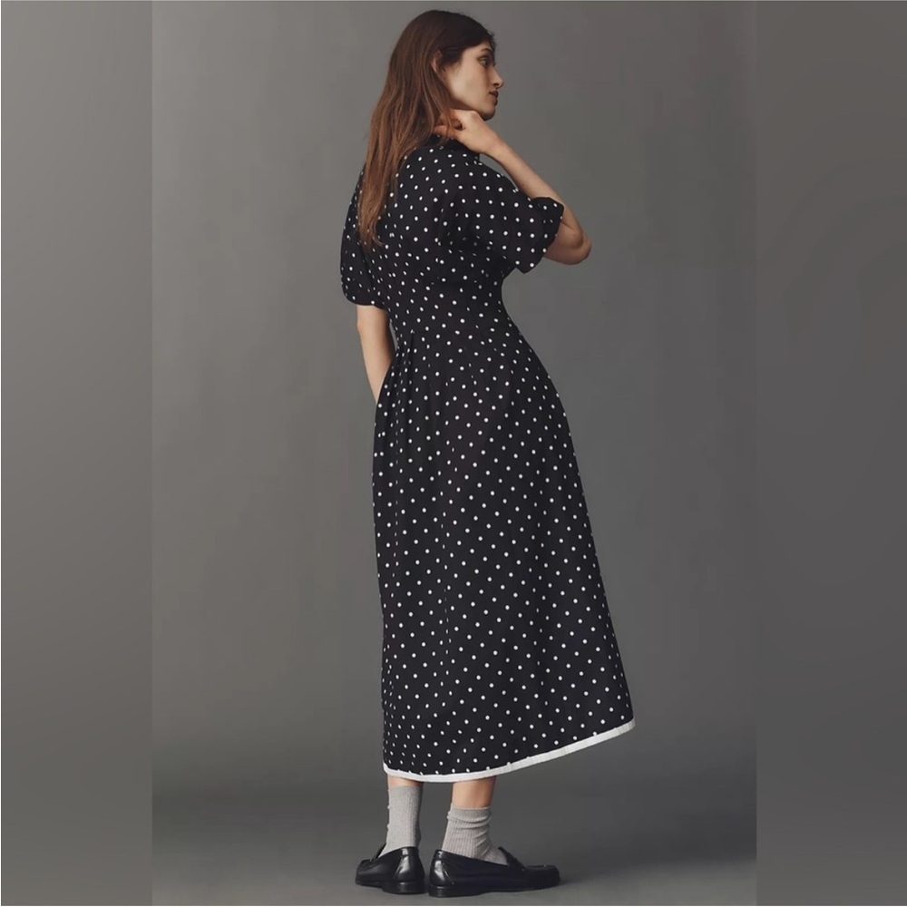 Anthropologie Black Polka Dot Midi Dress with White Trim - Picture 4 of 10